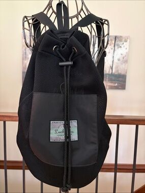 NEW Lucky Brand Lightweight Black Mesh Drawstring Rucksack Front Patch Pocket